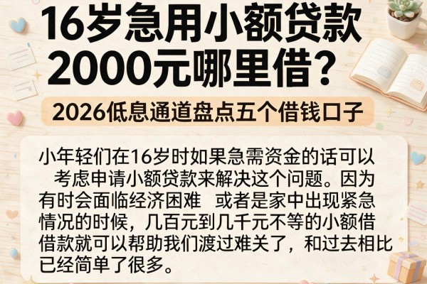 16岁急用小额贷款2000元哪里借?2026低息通道盘点五个借钱口子