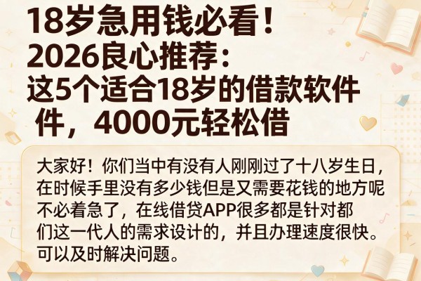 18岁急用钱必看！2026良心推荐：这5个适合18岁的借款软件，4000元轻松借