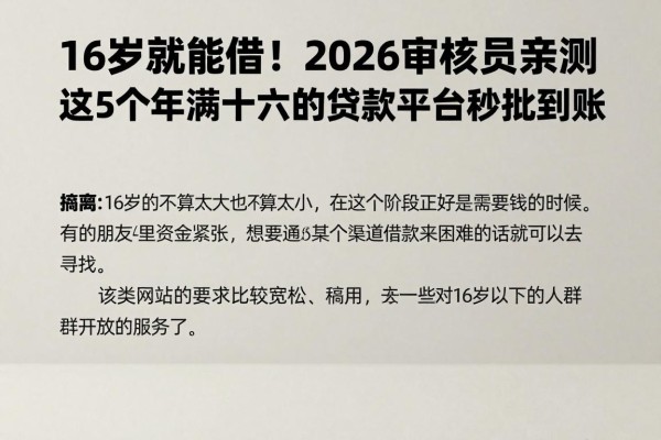 16岁就能借！2026审核员亲测这5个年满十六的贷款平台秒批到账