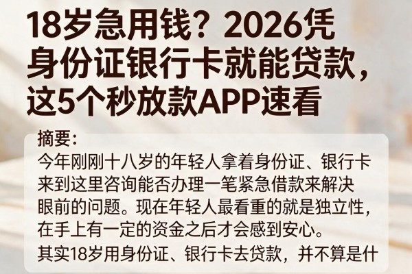 18岁急用钱？2026凭身份证银行卡就能贷款，这5个秒放款APP速看