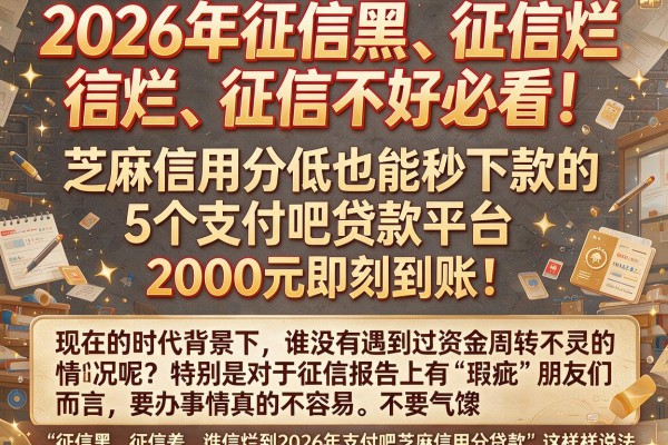 2026年征信黑、征信烂、征信不好必看！芝麻信用分低也能秒下款的5个支付吧贷款平台，2000元即刻到账！