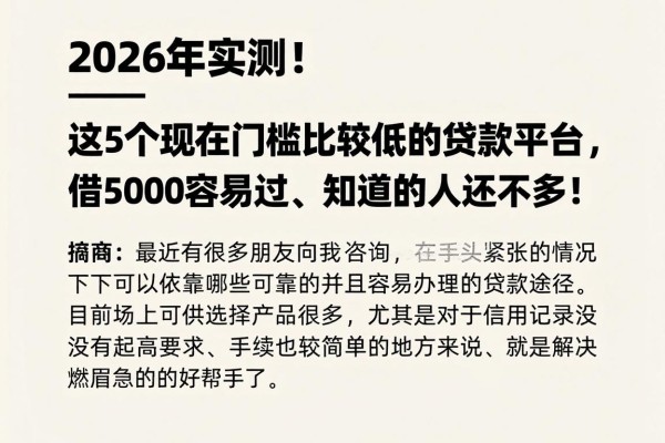 2026年实测！这5个现在门槛比较低的贷款平台，借5000容易过、知道的人还不多！