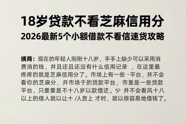 18岁贷款不看芝麻信用分,2026最新5个小额借款不看征信速贷攻略