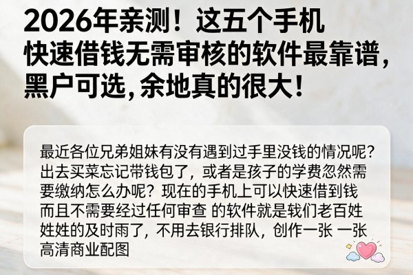 2026年亲测！这五个手机快速借钱无需审核的软件最靠谱，黑户可选余地真的很大！
