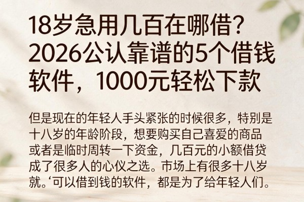 18岁急用几百在哪借？2026公认靠谱的5个借钱软件，1000元轻松下款