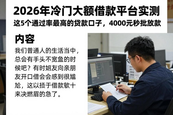 2026年冷门大额借款平台实测！这5个通过率最高的贷款口子，4000元秒批放款
