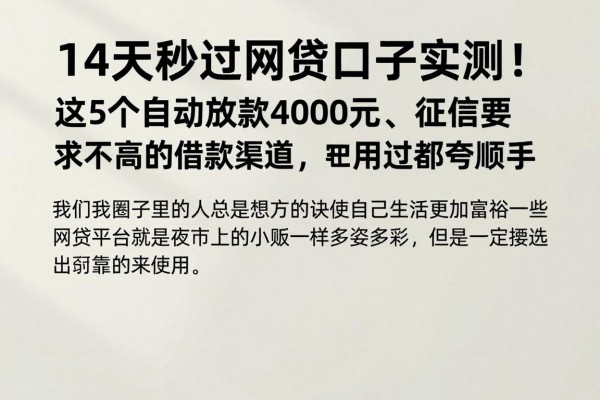 14天秒过网贷口子实测！这5个自动放款4000元、征信要求不高的借款渠道，用过都夸顺手