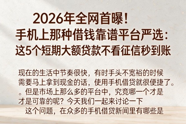 2026年全网首曝！手机上那种借钱靠谱平台严选：这5个短期大额贷款不看征信秒到账