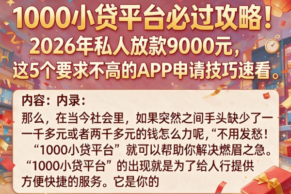 1000小贷平台必过攻略!2026年私人放款9000元,这5个要求不高的APP申请技巧速看