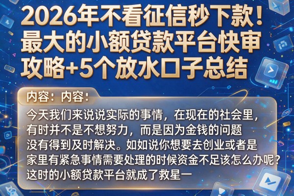 2026年不看征信秒下款！最大的小额贷款平台快审攻略+5个放水口子总结