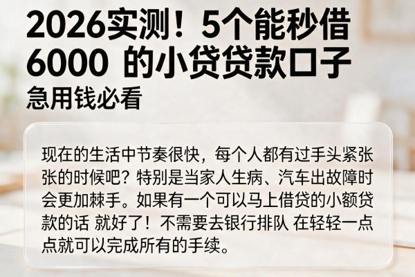 2026实测!5个能秒借6000的小贷贷款口子,急用钱必看