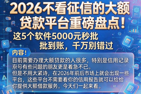 2026不看征信的大额贷款平台重磅盘点!这5个软件5000元秒批到账,千万别错过