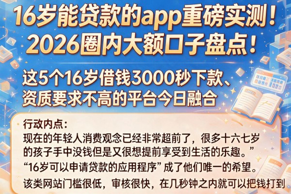 16岁能贷款的app重磅实测！2026圈内大额口子盘点：这5个16岁借钱3000秒下款、资质要求不高的平台今日融合