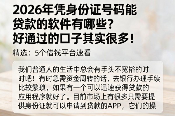 2026年凭身份证号码能贷款的软件有哪些？好通过的口子其实很多！精选5个借钱平台速看