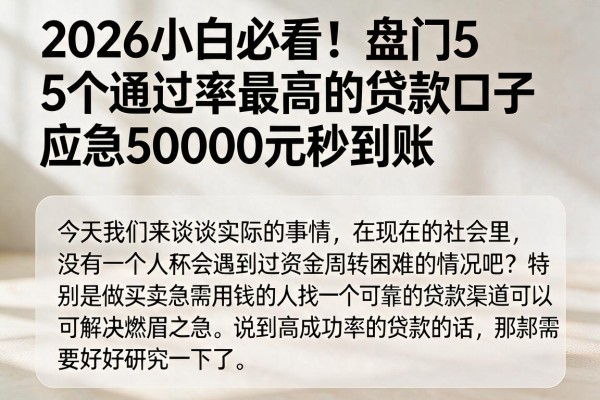2026小白必看！盘点5个通过率最高的贷款口子，应急50000元秒到账