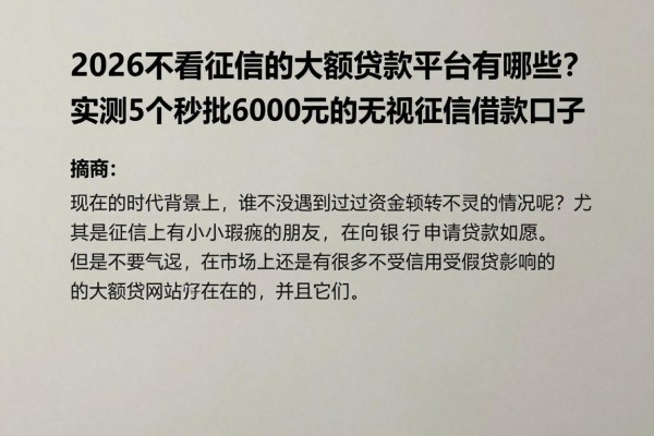 2026不看征信的大额贷款平台有哪些？实测5个秒批6000元的无视征信借款口子