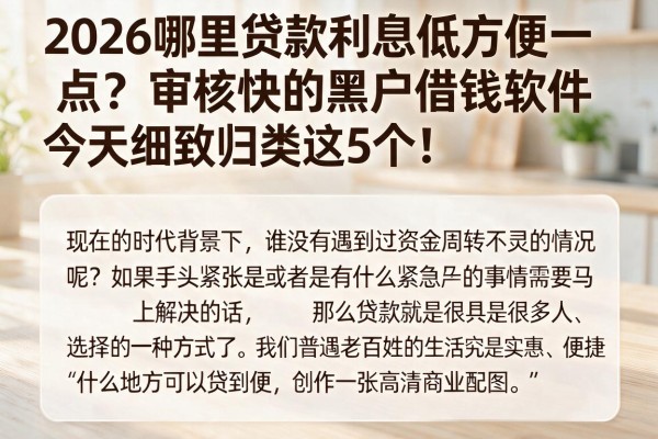 2026哪里贷款利息低方便一点?审核快的黑户借钱软件,今天细致归类这5个!