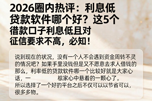 2026圈内热评：利息低贷款软件哪个好？这5个借款口子利息低且对征信要求不高，必知！