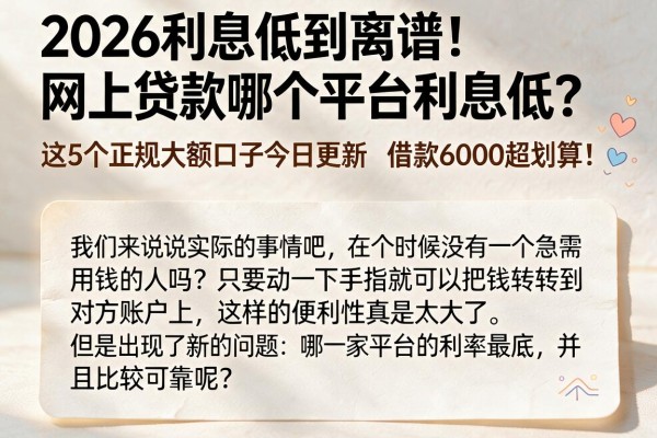 2026利息低到离谱！网上贷款哪个平台利息低？这5个正规大额口子今日更新，借款6000超划算！