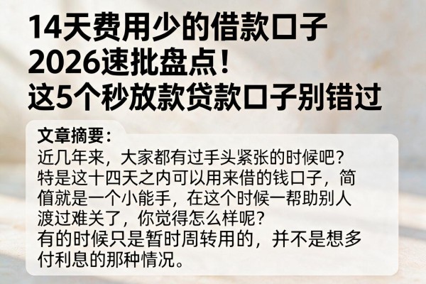 14天费用少的借款口子2026速批盘点!这5个秒放款贷款口子别错过