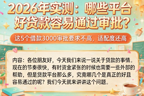 2026年实测：哪些平台好贷款容易通过审批？这5个借款3000审批要求不高、适配度还高