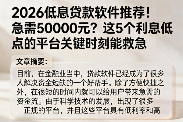 2026低息贷款软件推荐!急需50000元?这5个利息低点的平台关键时刻能救急