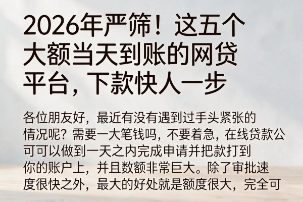 2026年严筛！这五个大额当天到账的网贷平台，下款快人一步