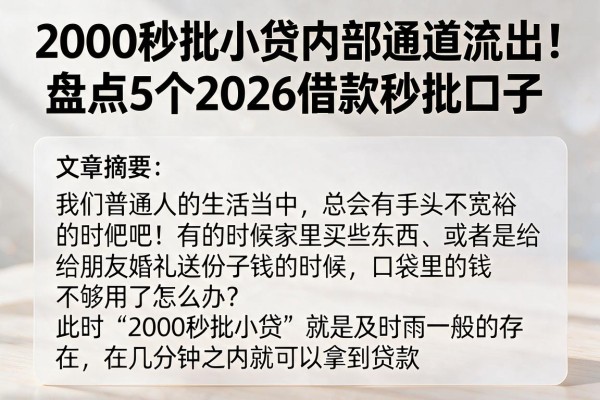 2000秒批小贷内部通道流出!盘点5个2026借款秒批口子