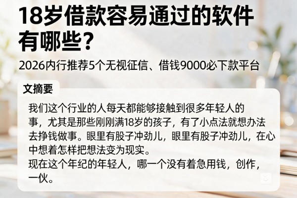 18岁借款容易通过的软件有哪些？2026内行推荐5个无视征信、借钱9000必下款平台
