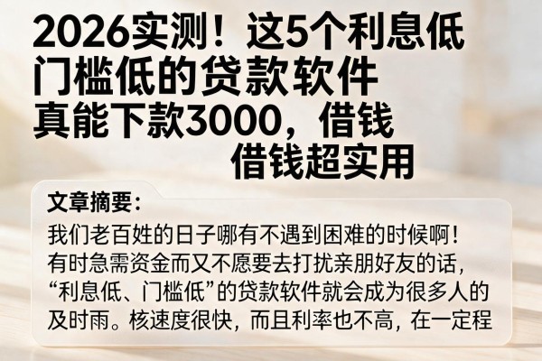 2026实测！这5个利息低门槛低的贷款软件真能下款3000，借钱超实用