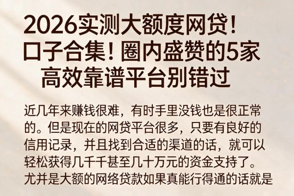 2026实测大额度网贷口子合集!圈内盛赞的5家高效靠谱平台别错过