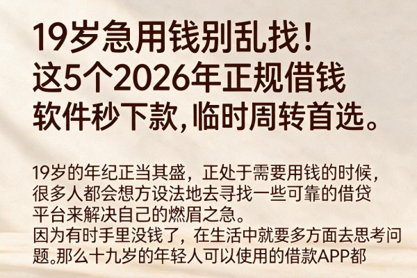 19岁急用钱别乱找!这5个2026年正规借钱软件秒下款,临时周转首选