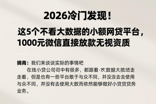 2026冷门发现!这5个不看大数据的小额网贷平台,1000元微信直接放款无视资质