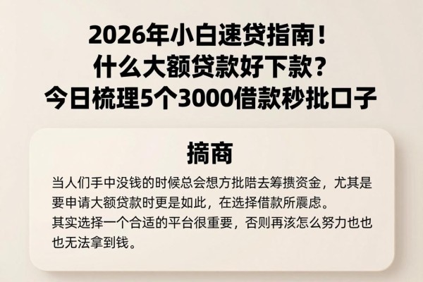 2026年小白速贷指南!什么大额贷款好下款?今日梳理5个3000借款秒批口子
