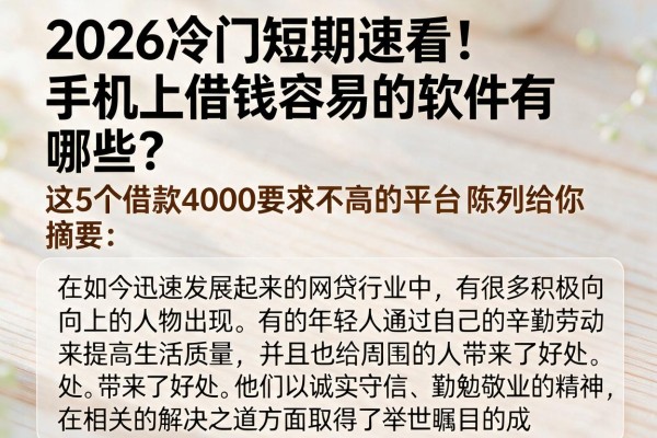 2026冷门短期速看!手机上借钱容易的软件有哪些?这5个借款4000要求不高的平台陈列给你