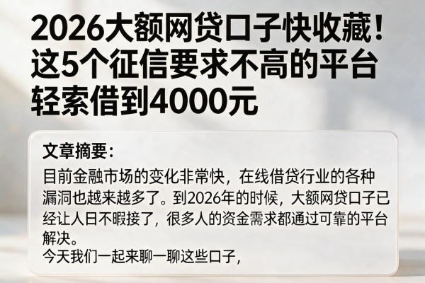 2026大额网贷口子快收藏!这5个征信要求不高的平台,轻松借到4000元
