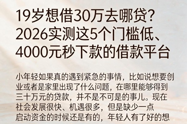 19岁想借30万去哪贷？2026实测这5个门槛低、4000元秒下款的借款平台