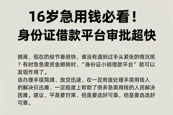 16岁急用钱必看！2026年这五个身份证小额借款平台审批超快