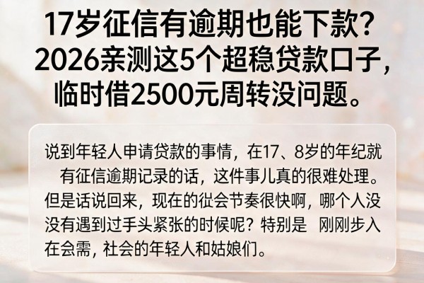 17岁征信有逾期也能下款?2026亲测这5个超稳贷款口子,临时借2500元周转没问题