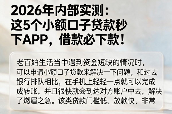 2026年内部实测:这5个小额口子贷款秒下APP,借款必下款!