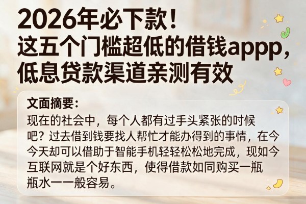 2026年必下款！这五个门槛超低的借钱app，低息贷款渠道亲测有效