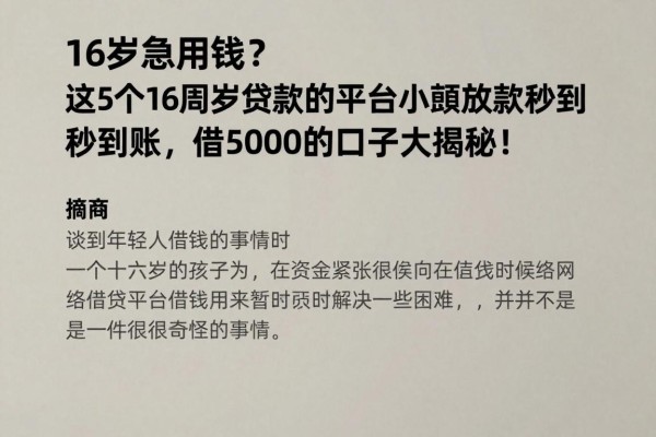 16岁急用钱？这5个16周岁贷款的平台小额放款秒到账，借5000的口子大揭秘！