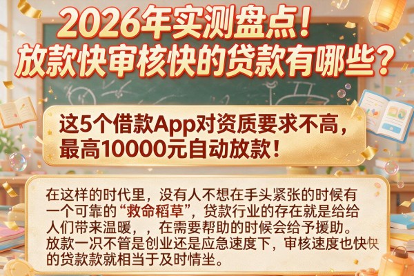 2026年实测盘点！放款快审核快的贷款有哪些？这5个借款App对资质要求不高，最高10000元自动放款！