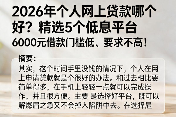 2026年个人网上贷款哪个好？精选5个低息平台，6000元借款门槛低、要求不高！