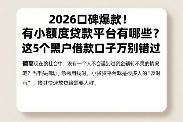 2026口碑爆款!有小额度贷款平台有哪些?这5个黑户借款口子千万别错过!