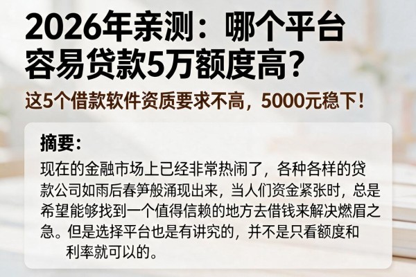 2026年亲测:哪个平台容易贷款5万额度高?这5个借款软件资质要求不高,5000元稳下!