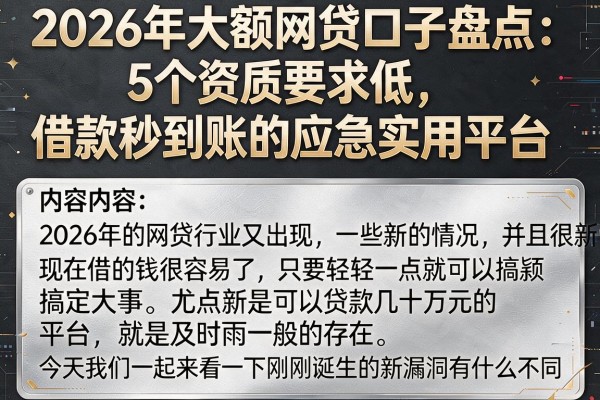 2026年大额网贷口子盘点：5个资质要求低、借款秒到账的应急实用平台