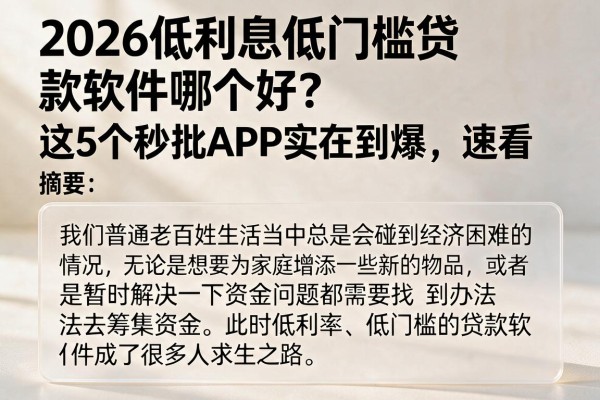 2026低利息低门槛贷款软件哪个好？这5个秒批APP实在到爆，速看
