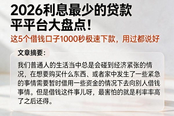 2026利息最少的贷款平台大盘点！这5个借钱口子1000秒极速下款，用过都说好