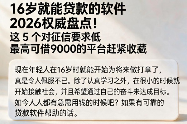 16岁就能贷款的软件2026权威盘点!这5个对征信要求低、最高可借9000的平台赶紧收藏